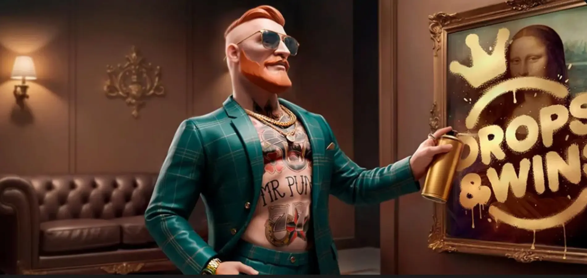 MrPunter maskot som tagger Mona Lisa-maleri med Drops & Wins-kampanje