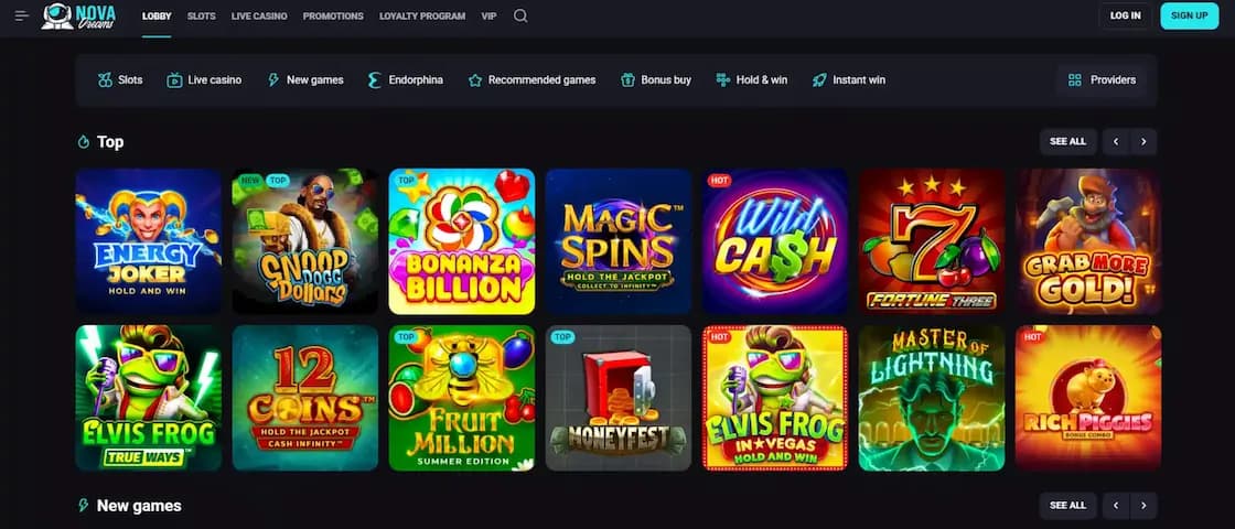 Nova Dreams Casino game lobby banner showing game categories
