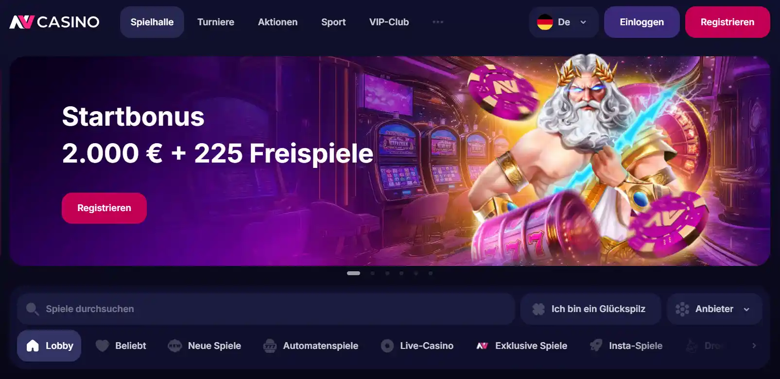 NV Casino Startseite mit Spielangebot und Navigation