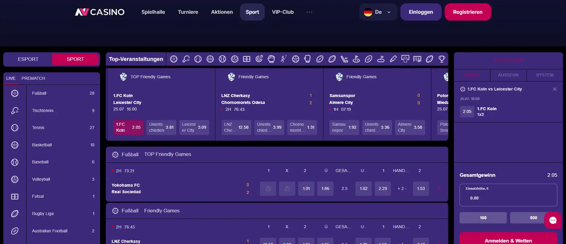 NV Casino Sportwetten-Bereich mit Live-Wetten und Quoten