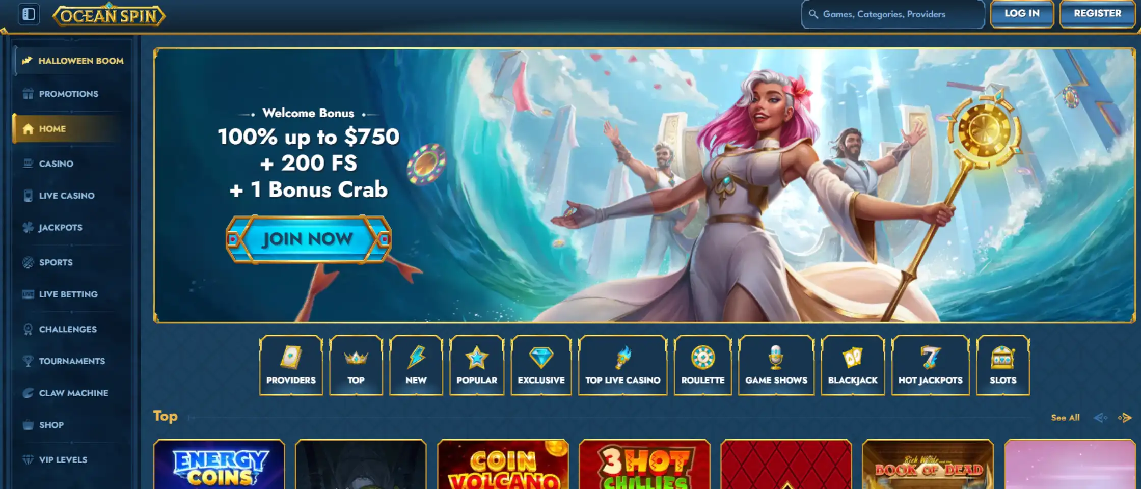 OceanSpin Casino homepage for Canadian players showing payment and banking options