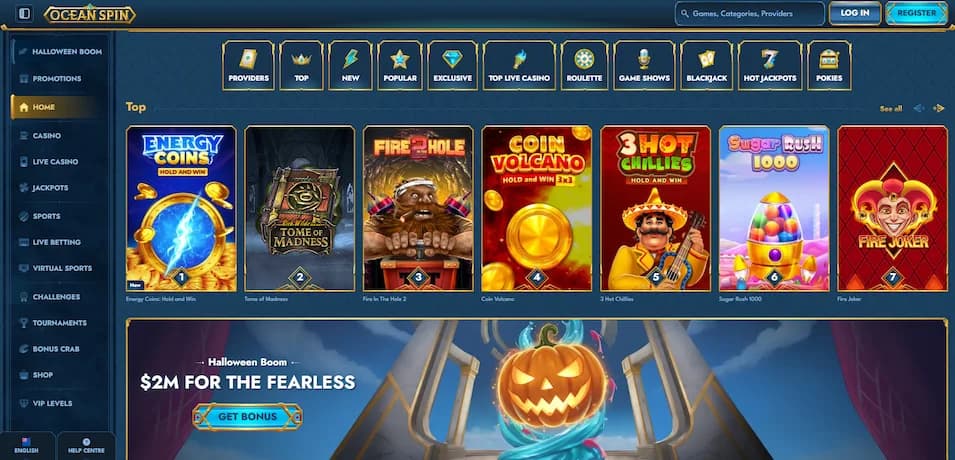 OceanSpin Casino homepage featuring a wide selection of pokies for NZ players