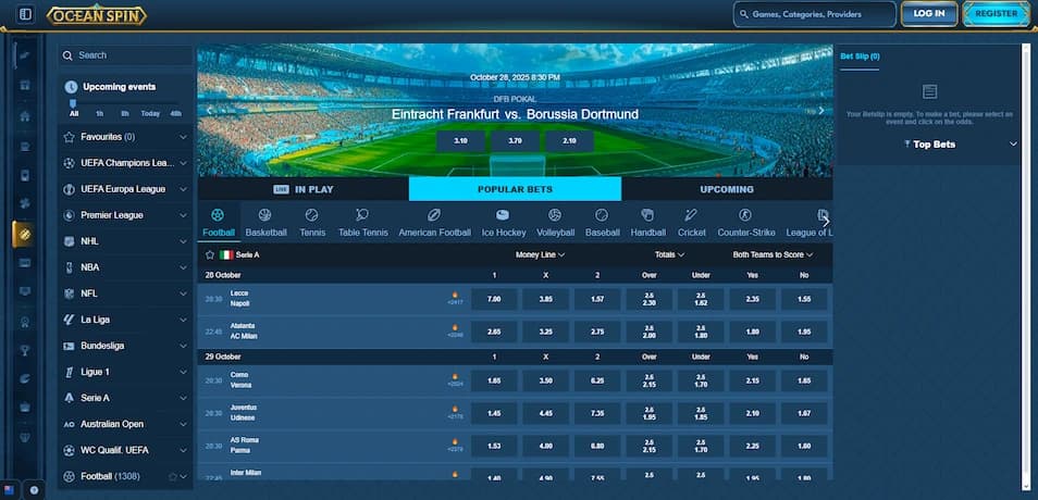 OceanSpin Casino sportsbook and sports betting lobby page