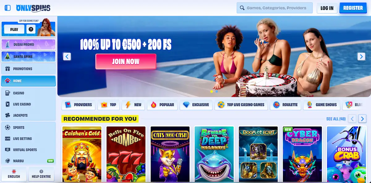 OnlySpins casino homepage showing the main lobby and navigation
