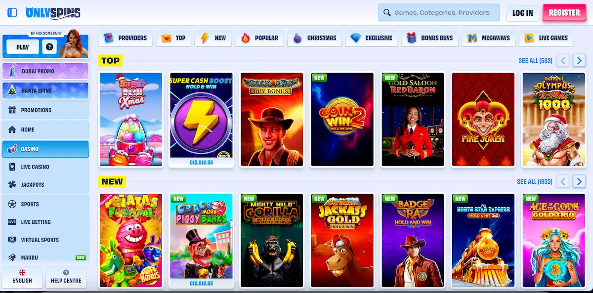 OnlySpins casino game lobby showing a wide selection of slots and table games