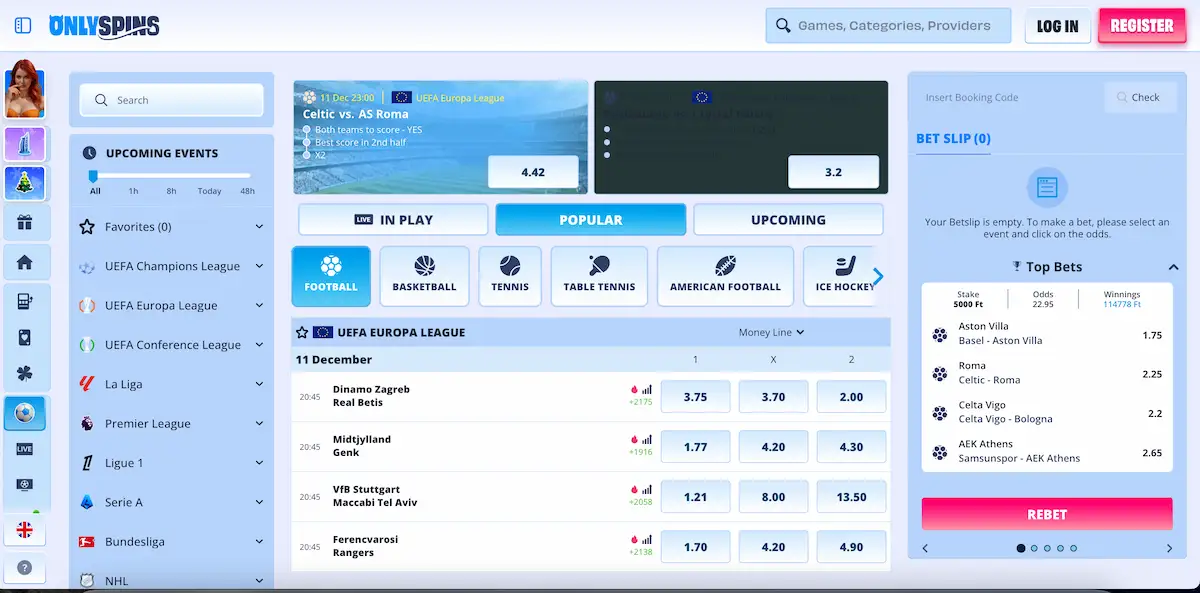 OnlySpins sportsbook betting interface with live markets and odds