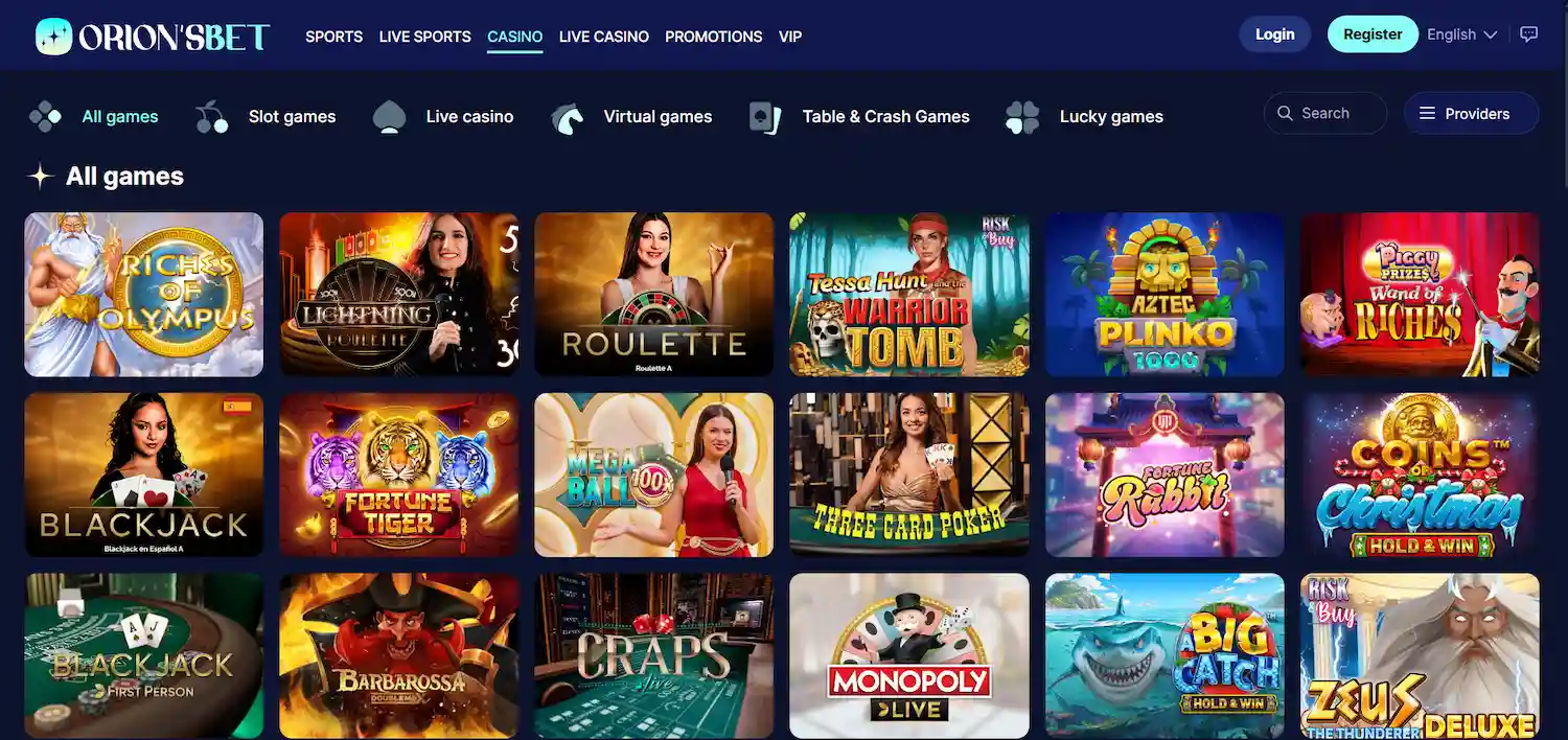 OrionsBet Casino game lobby showing filtering options, game thumbnails, and navigation menu on a blue background.