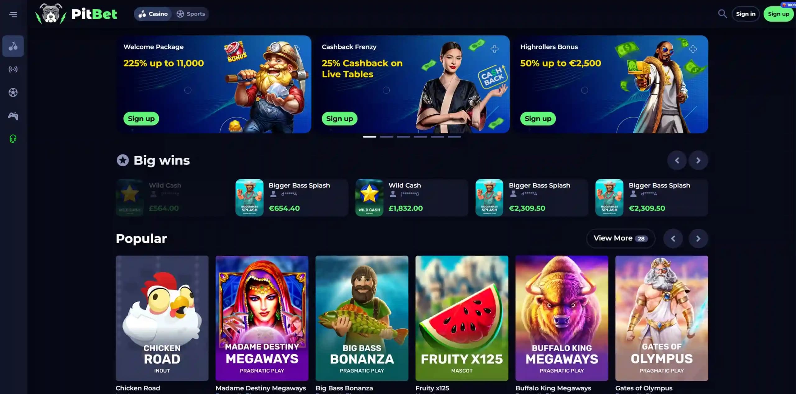 PitBet Casino homepage showing the main lobby and featured promotions for Canadian players