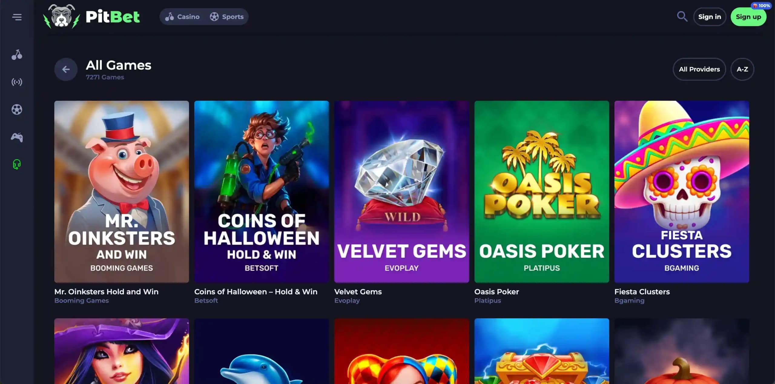 PitBet Casino lobby showing a wide variety of available games for Canadian players.