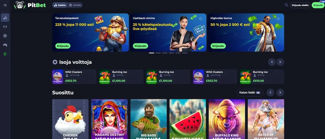 PitBet Casinon kotisivu mobiilissa ja selaimessa