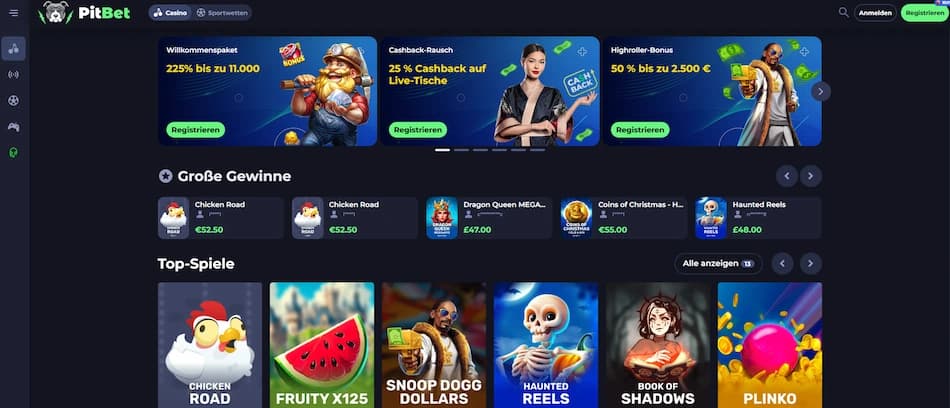 Pitbet Casino Startseite mit Willkommensbonus und umfangreicher Spielauswahl