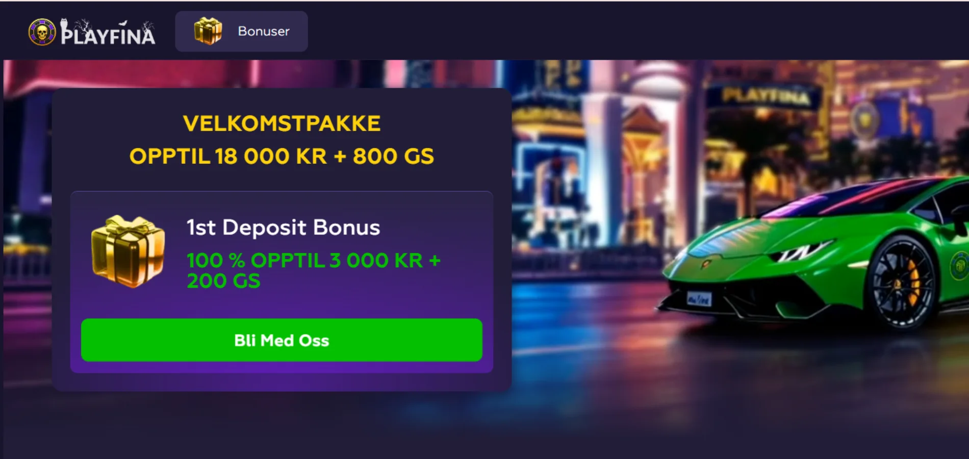Playfina casino sin hjemmeside med velkomsttilbud på 18 000 kr og 800 gratisspinn, pyntet med en sportsbil.