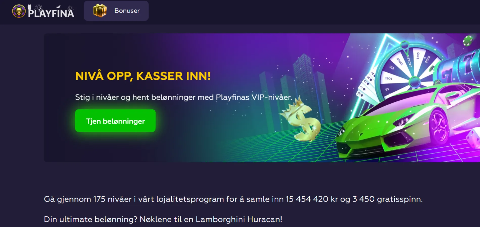 Playfina casino sitt lojalitetsprogram med sportsbil i bakgrunnen og knapp for registrering.