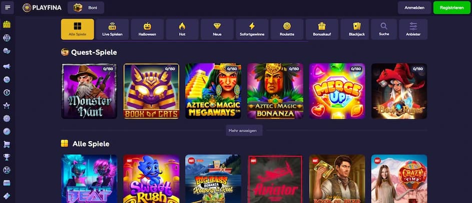 Spielautomaten-Auswahl im Playfina Casino auf einen Blick