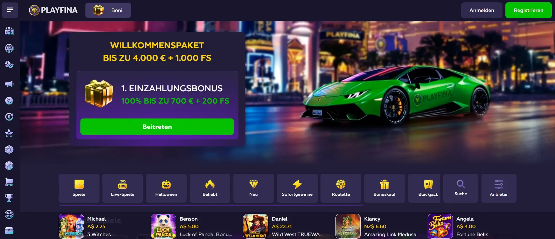 Playfina Casino Startseite mit Willkommenspaket und gestaffeltem Einzahlungsbonus