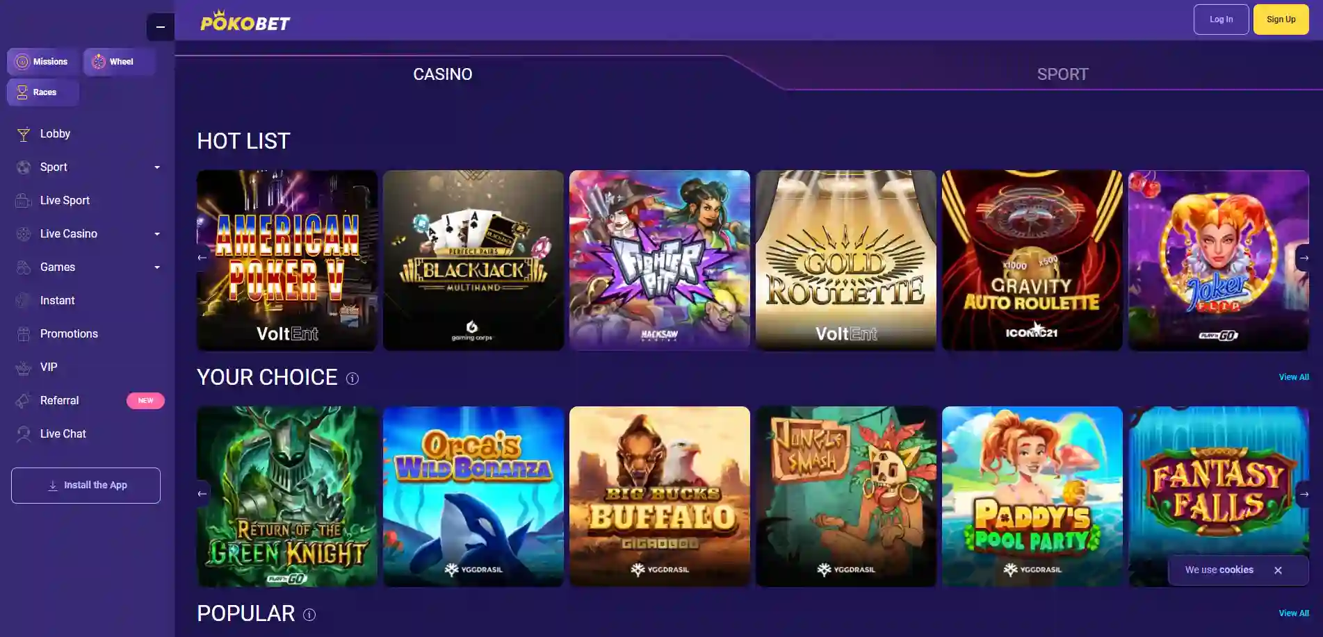 PokoBet Casino lobby displaying featured and trending slot titles