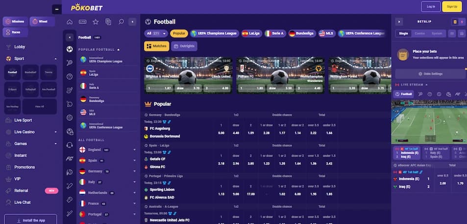 PokoBet Sportwetten-Bereich mit aktuellen Wettmärkten