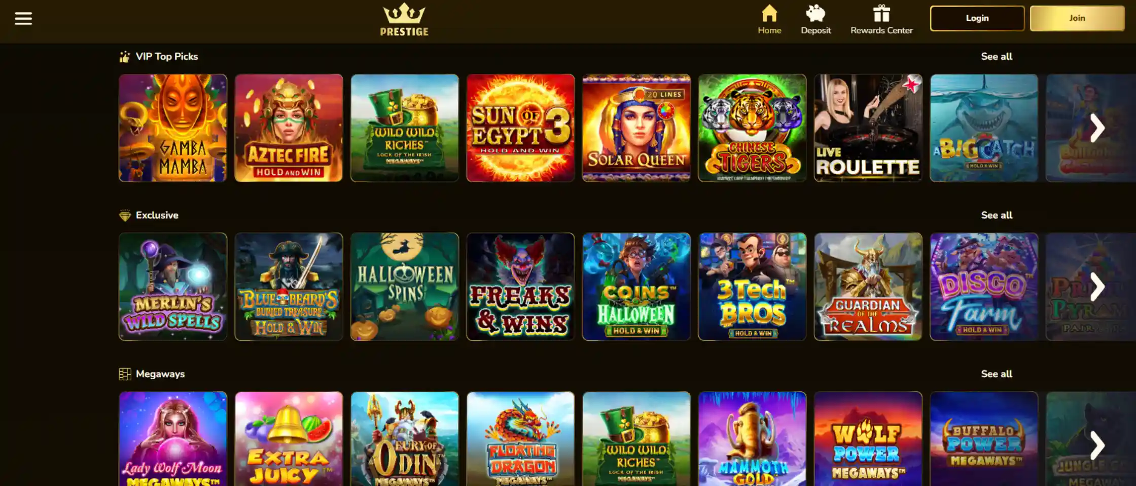 Prestige Casino game lobby showing available titles