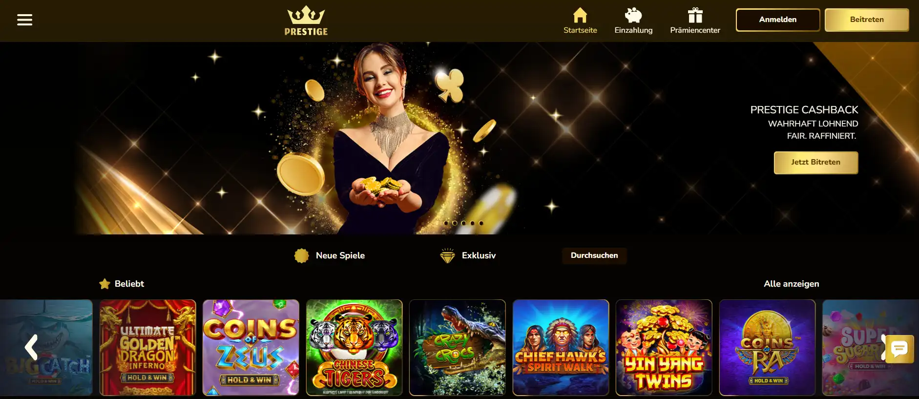 Prestige Casino Startseite auf dem Smartphone mit Spielauswahl und Cashback-Übersicht