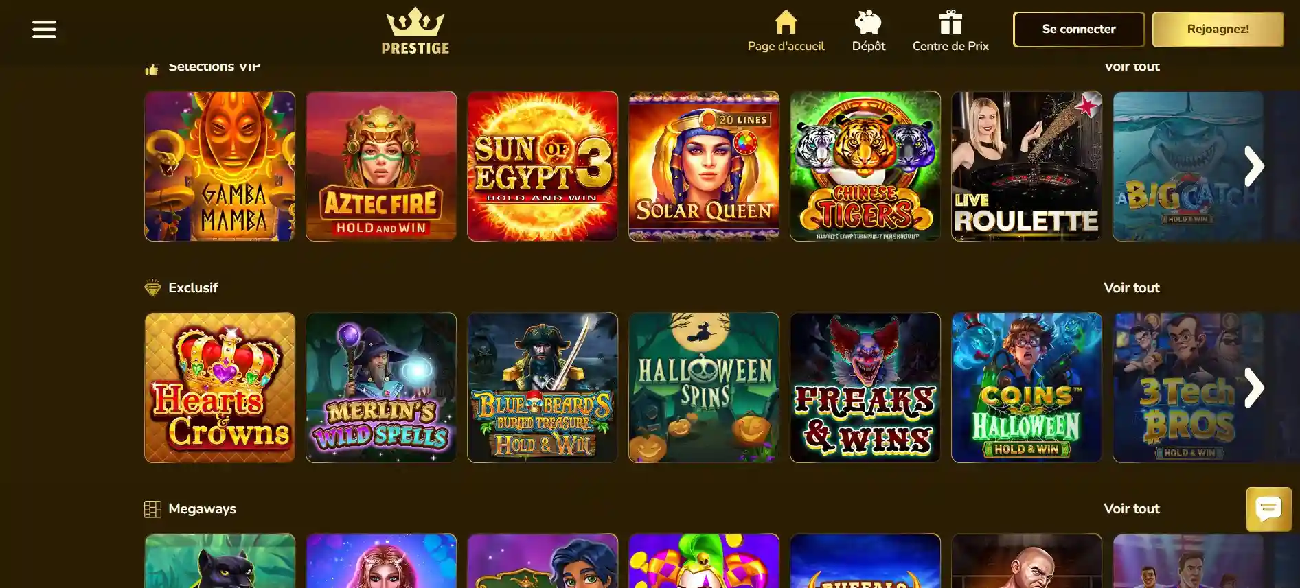 Vue d'ensemble du lobby de Prestige Casino avec les catégories de jeux et les machines à sous exclusives
