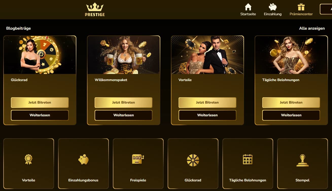 Prestige Casino Startseite mit Willkommenspaket und Spielübersicht