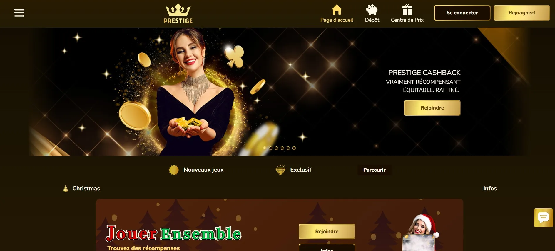 Page d'accueil de Prestige Casino affichant une bannière promotionnelle sur le cashback et le bouton d'inscription au site.