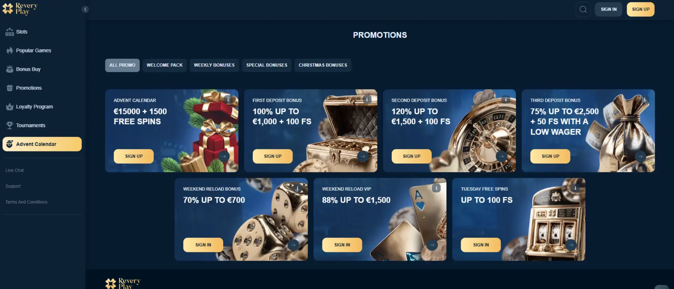 Revery Play Casino promotions page screenshot showing available bonus offers