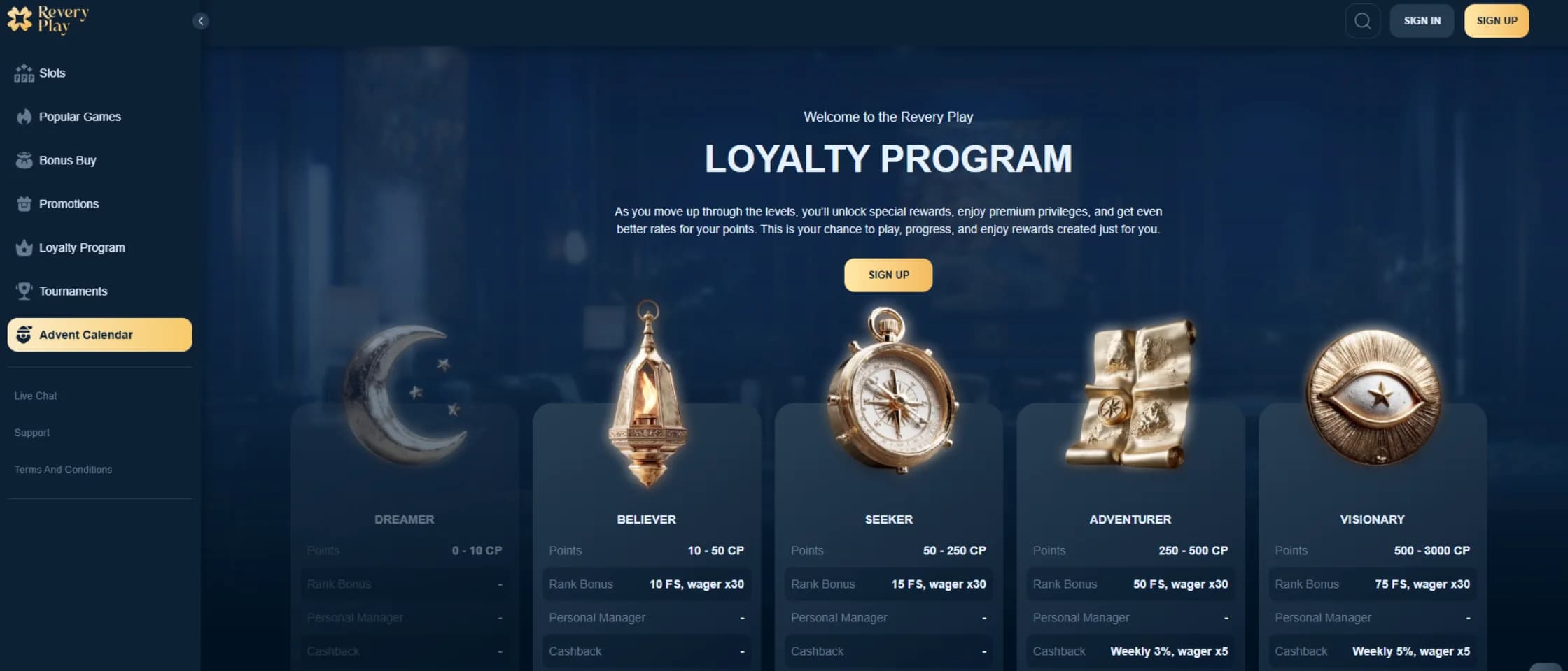 Revery Play casino loyalty program tiers and rewards overview