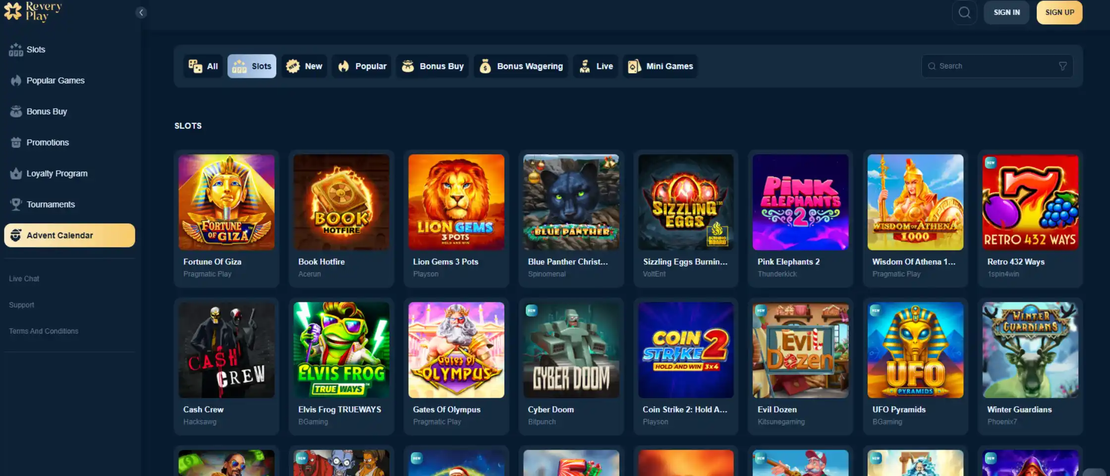 Revery Play casino games lobby showing slots, live games, and mini games categories
