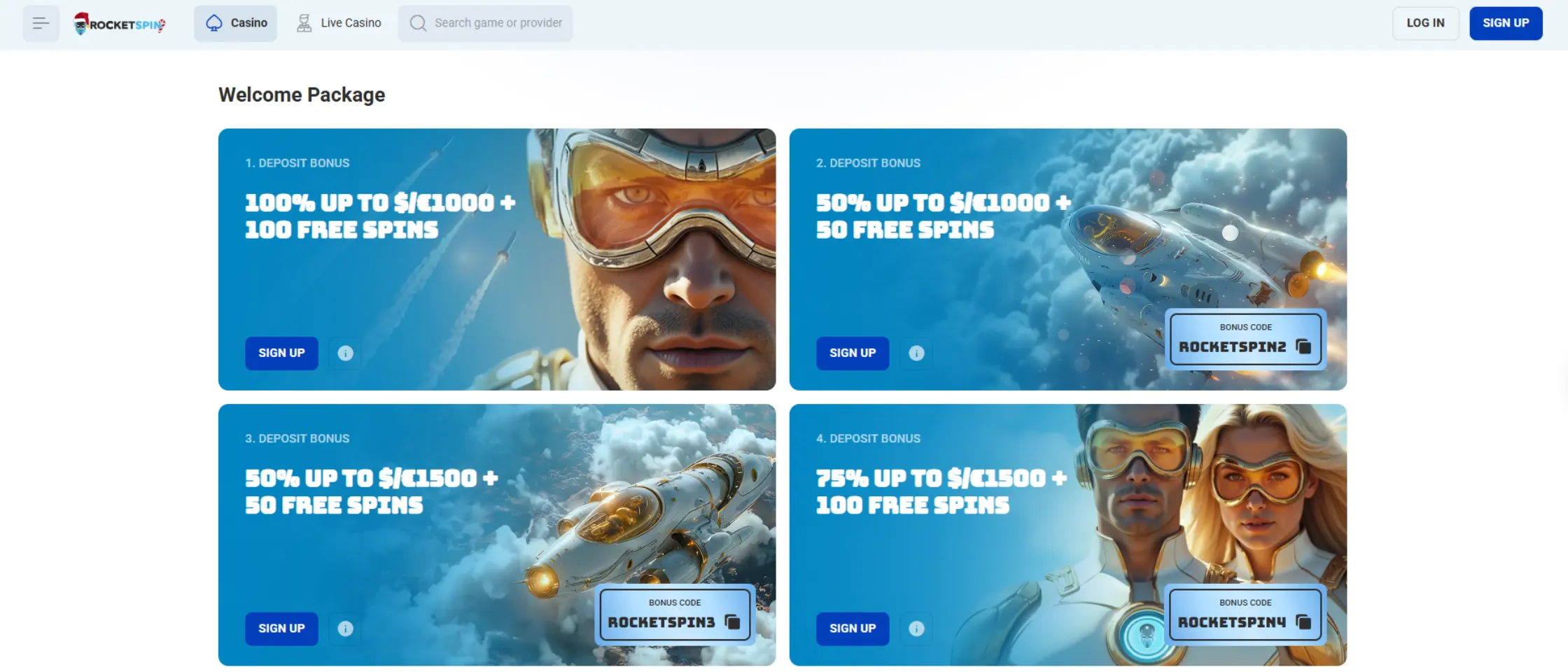 RocketSpin Casino promotions page showing welcome bonus and reload offers