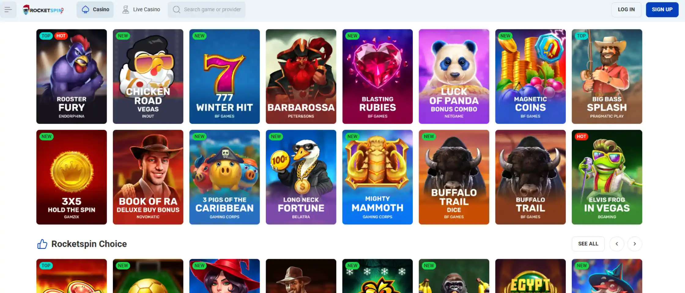 RocketSpin casino game lobby showing slots, live casino, and instant-win categories