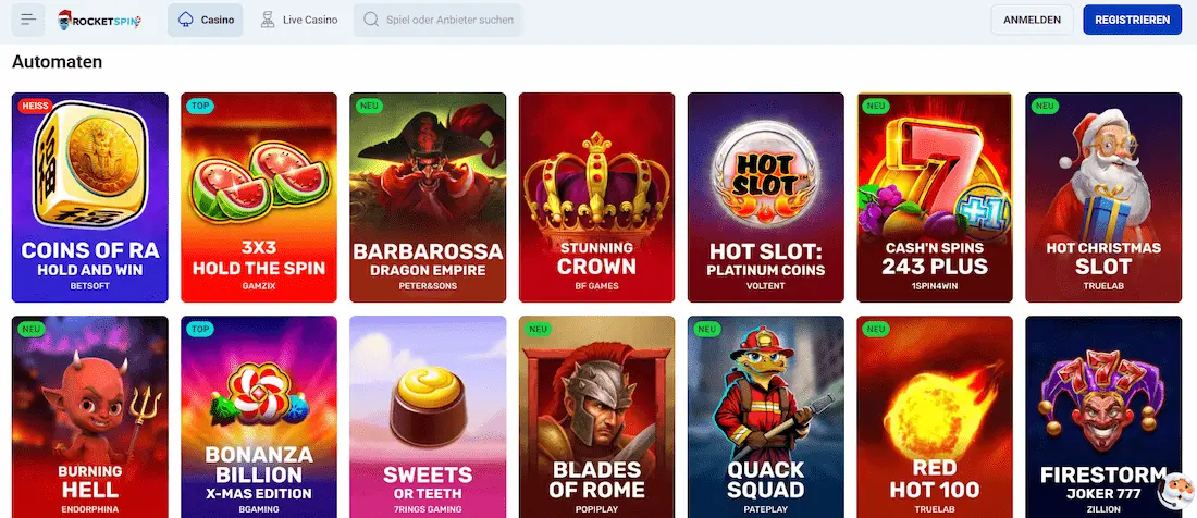 Spielautomaten und Casino-Spiele im RocketSpin Casino