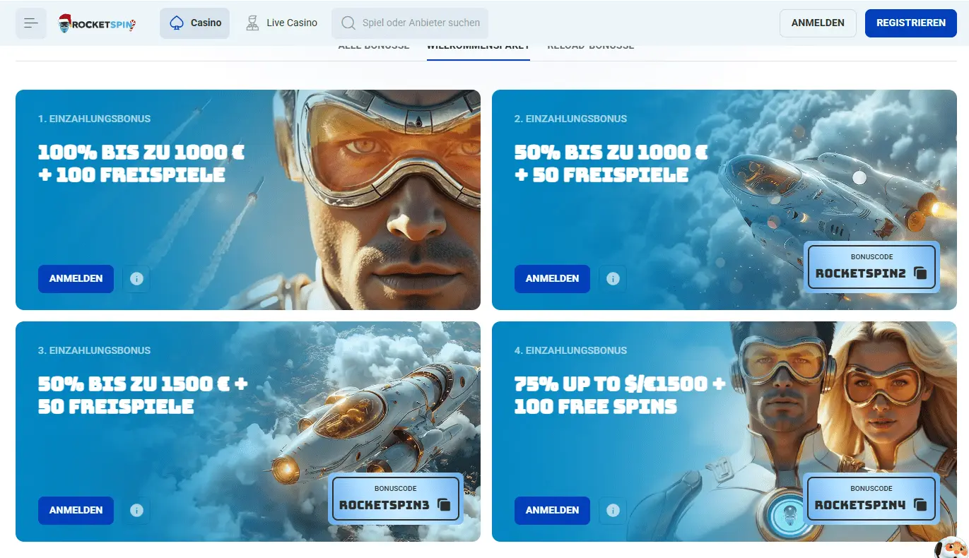 RocketSpin Casino Willkommensbonus für neue Spieler mit bis zu 5.000 Euro und 300 Freispielen