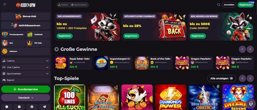 RockySpin Casino Startseite im Überblick.