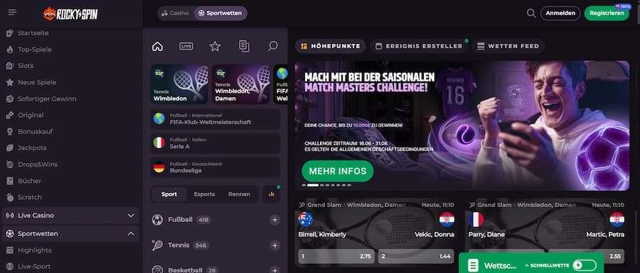 Rockyspin Sportwetten Übersicht mit verschiedenen Wettmärkten