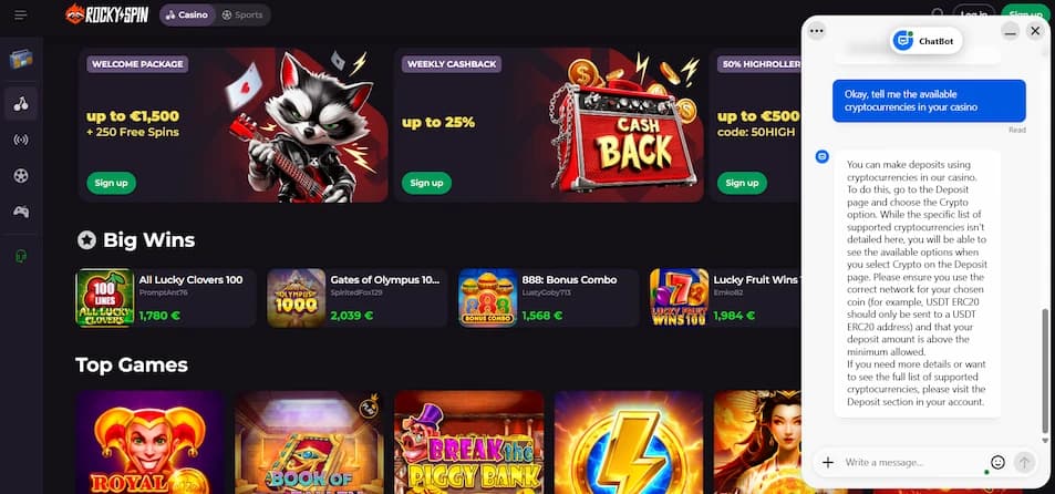 Rockyspin Casino live chat support interface shown on a desktop screen
