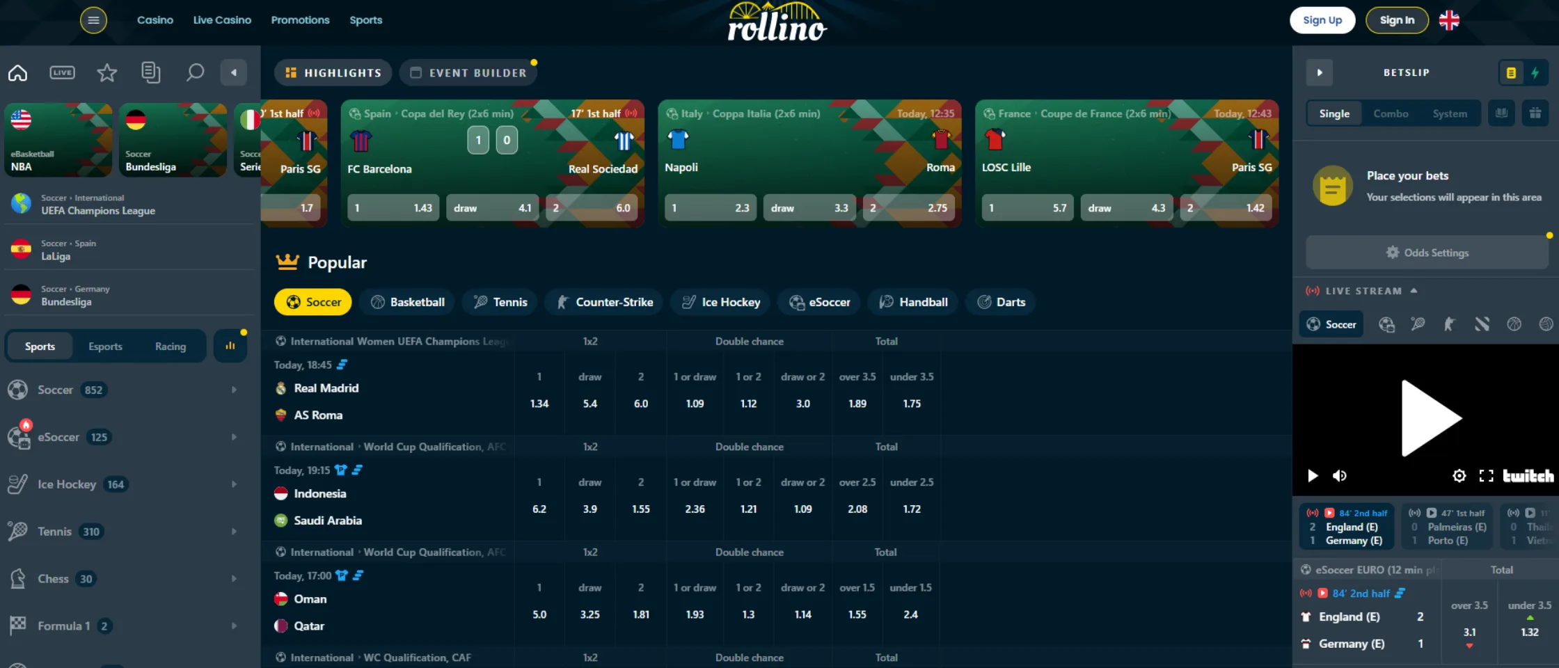 Rollino Casino sportsbook interface showing available betting markets