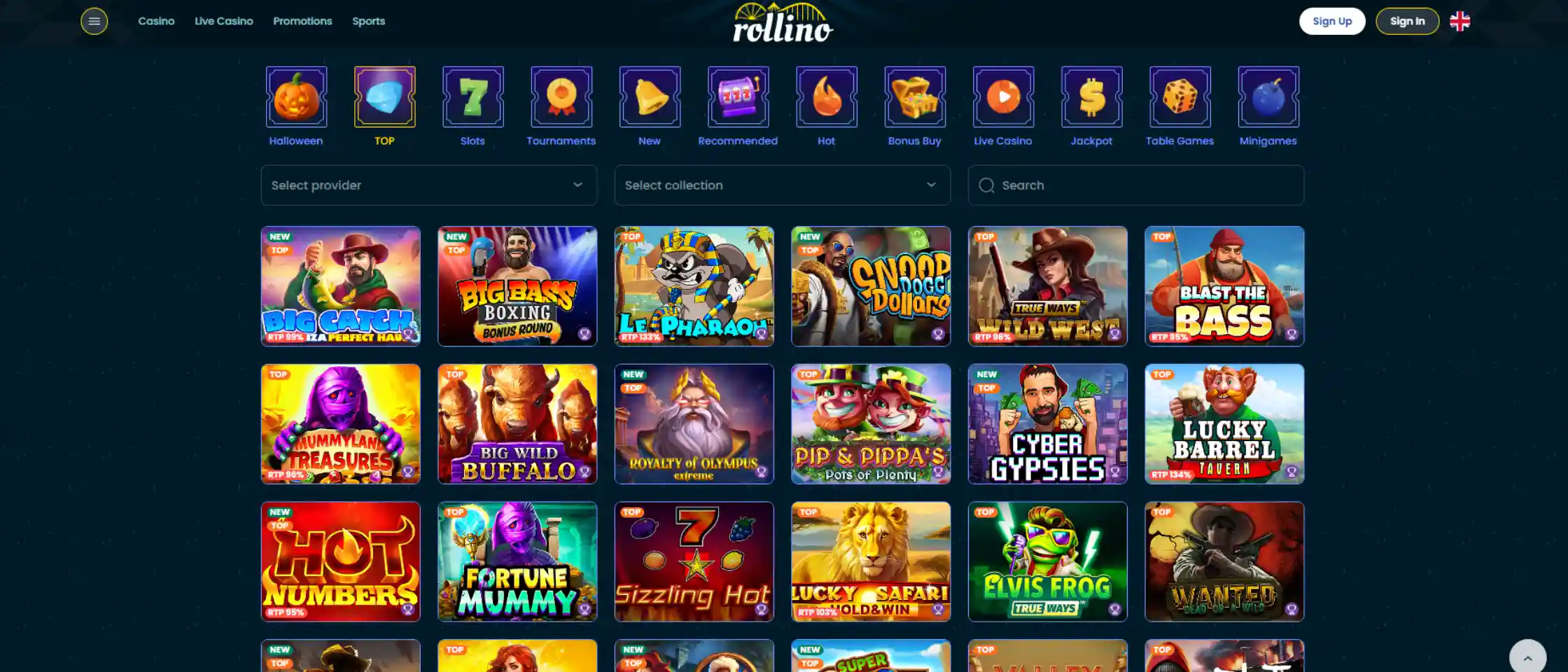 Rollino Casino game lobby showing diverse slot and table game selection