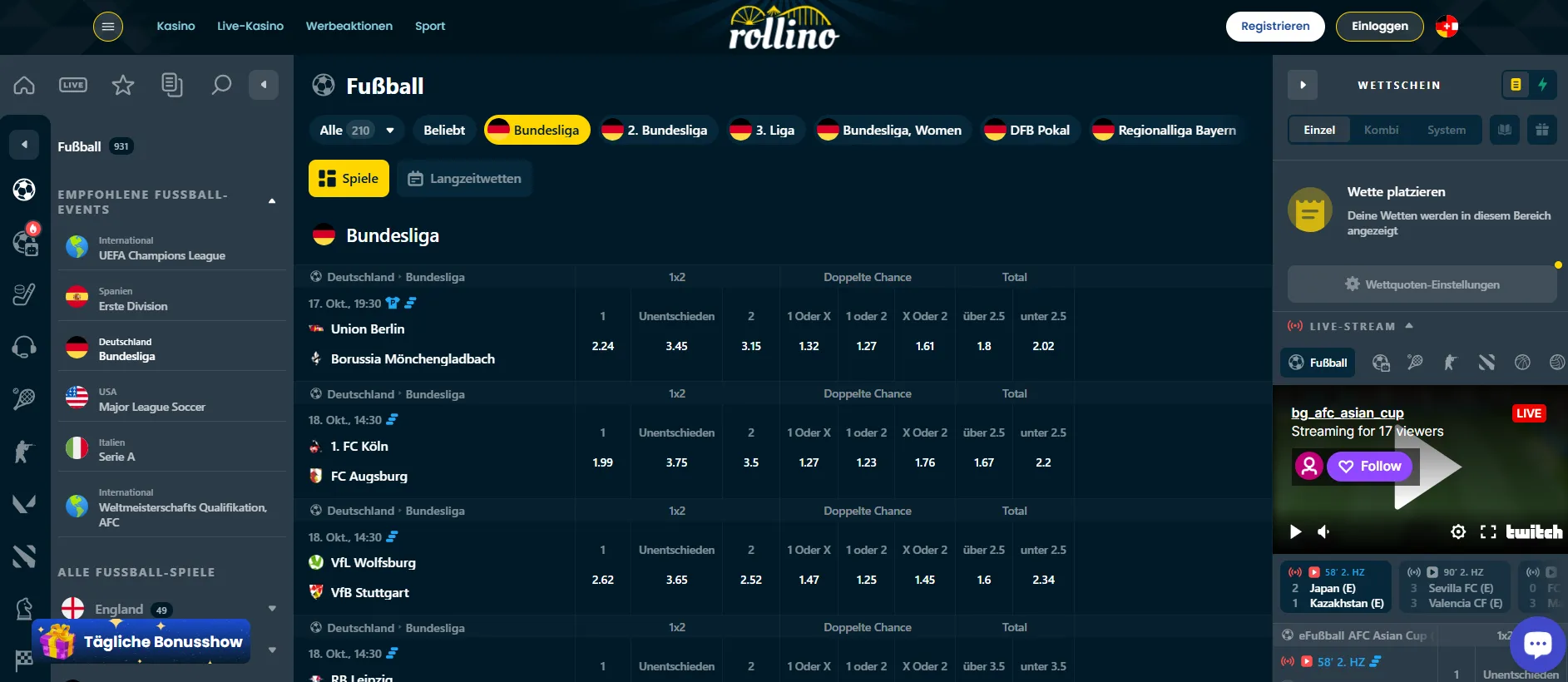 Rollino Sportwetten mit vielfältigen Wettmärkten und Quoten