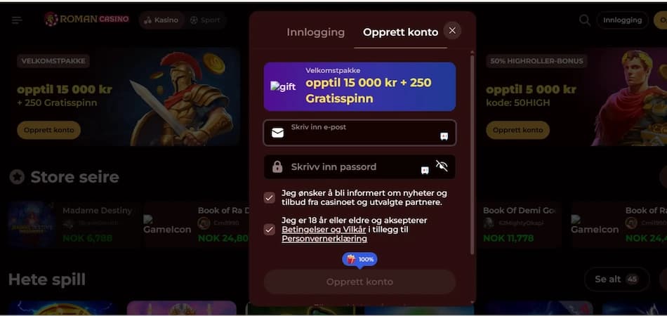 Roman Casino sin registreringsside med velkomstbonus og spillutvalg synlig i bakgrunnen.