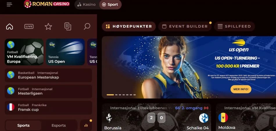 Roman Casino sportsbook med høydepunkter, event builder og live spillfeed