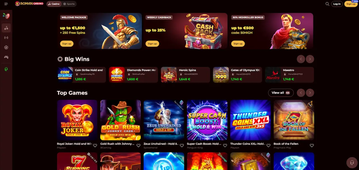Roman Casino official homepage banner showing game lobby and promotions