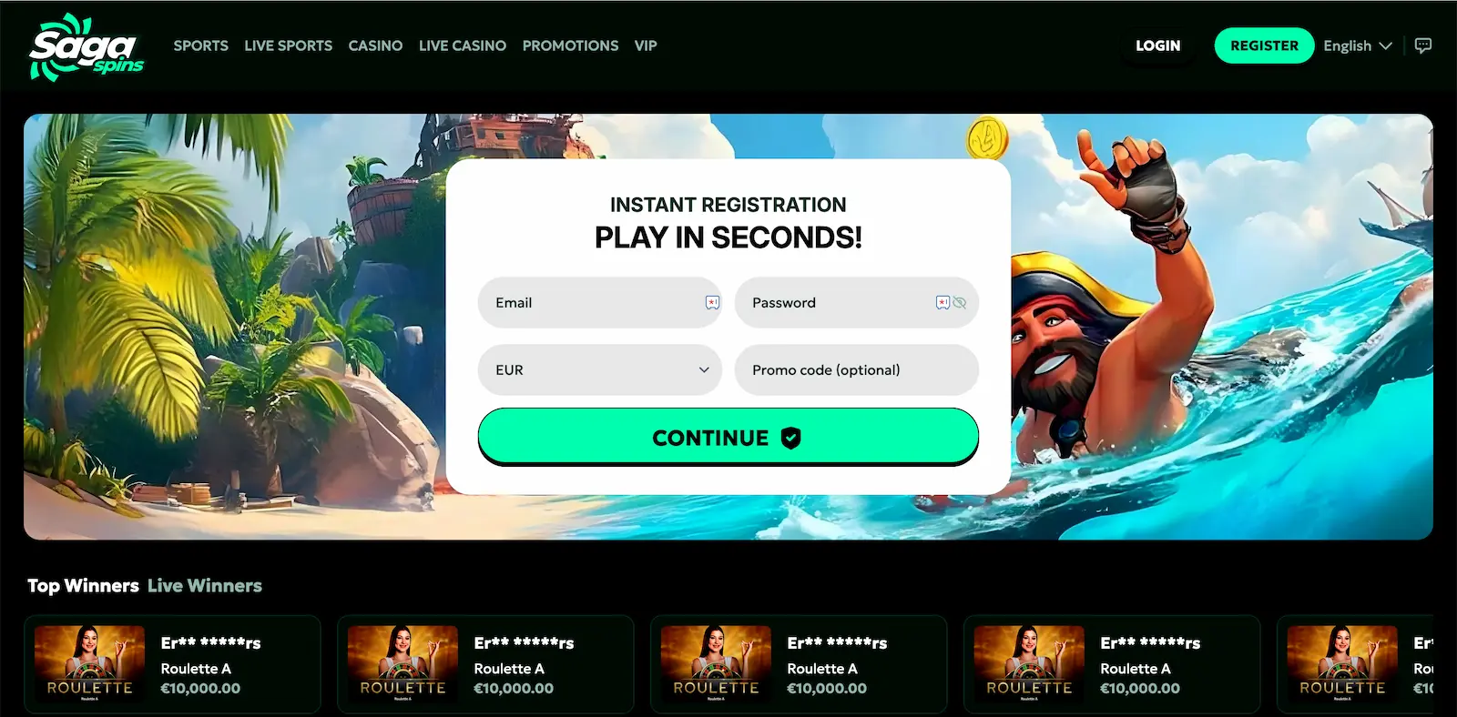 Saga Spins Casino and Sportsbook homepage interface
