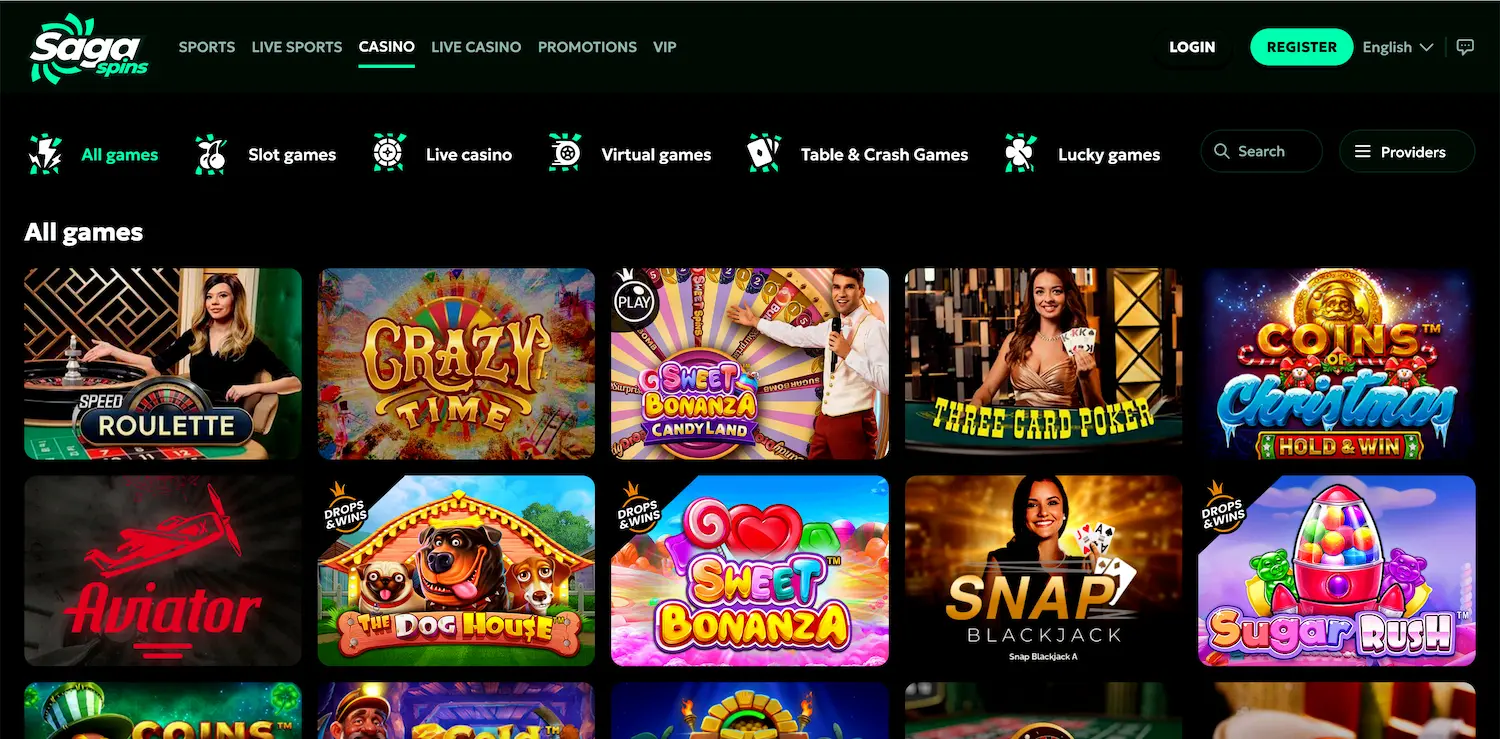 Saga Spins Casino full game lobby showcasing available titles
