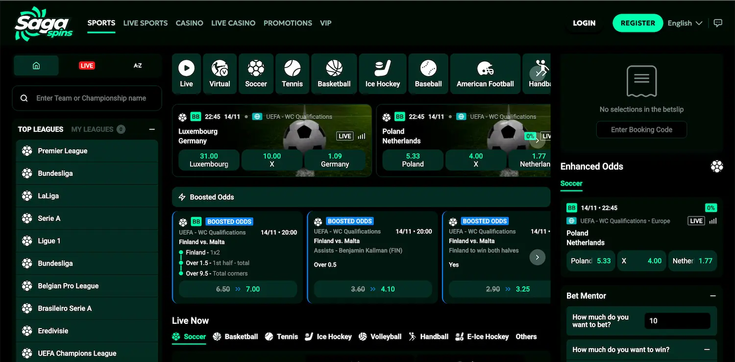 Saga Spins Casino full game lobby showcasing slots, live dealer, and crash game categories