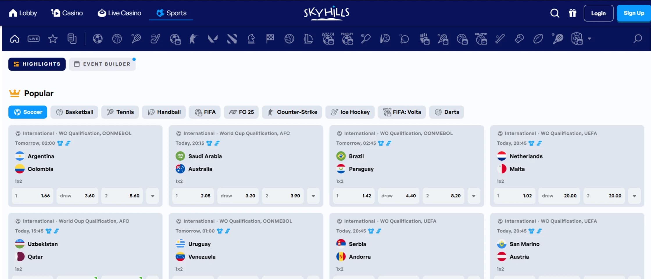 SkyHills sportsbook page showing betting markets for soccer World Cup Qualification matches including Argentina vs Colombia and Brazil vs Paraguay, with 1x2 odds displayed alongside sport filters for Basketball, Tennis, Handball, FIFA, and Counter-Strike