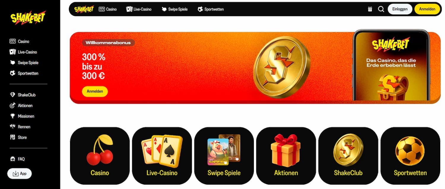 ShakeBet Casino Startseite mit Willkommensbonus und Spielübersicht