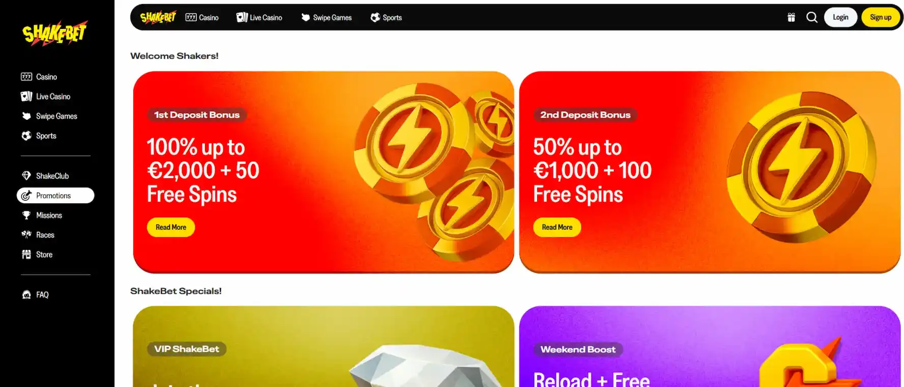 ShakeBet Casino promotions page overview showing available bonuses