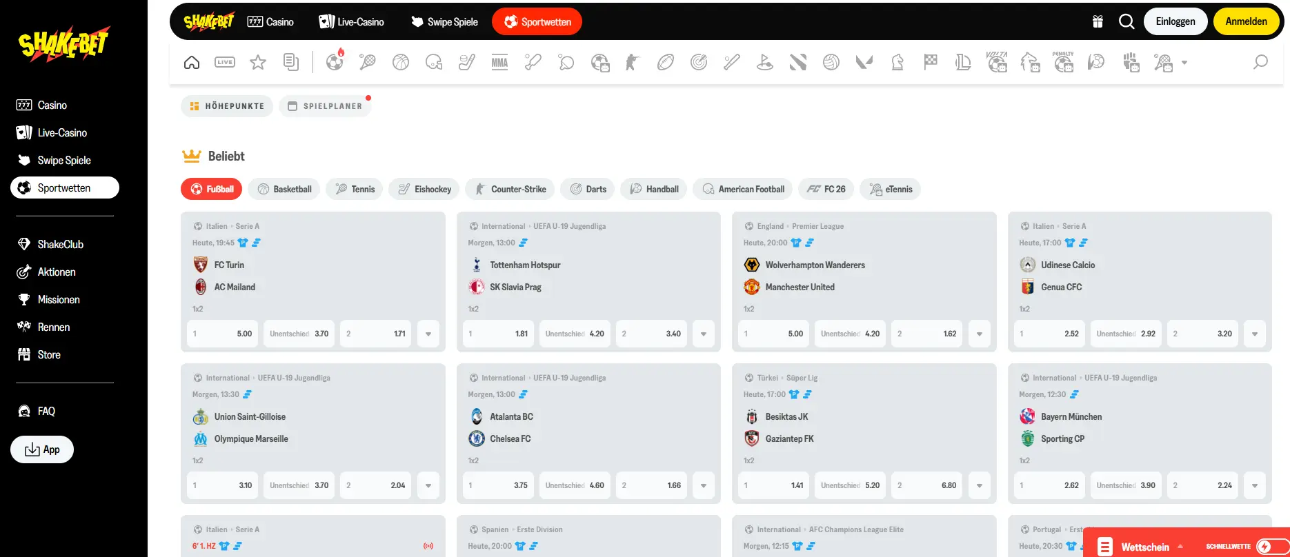 ShakeBet Casino Sportwetten und Live-Wetten Übersicht