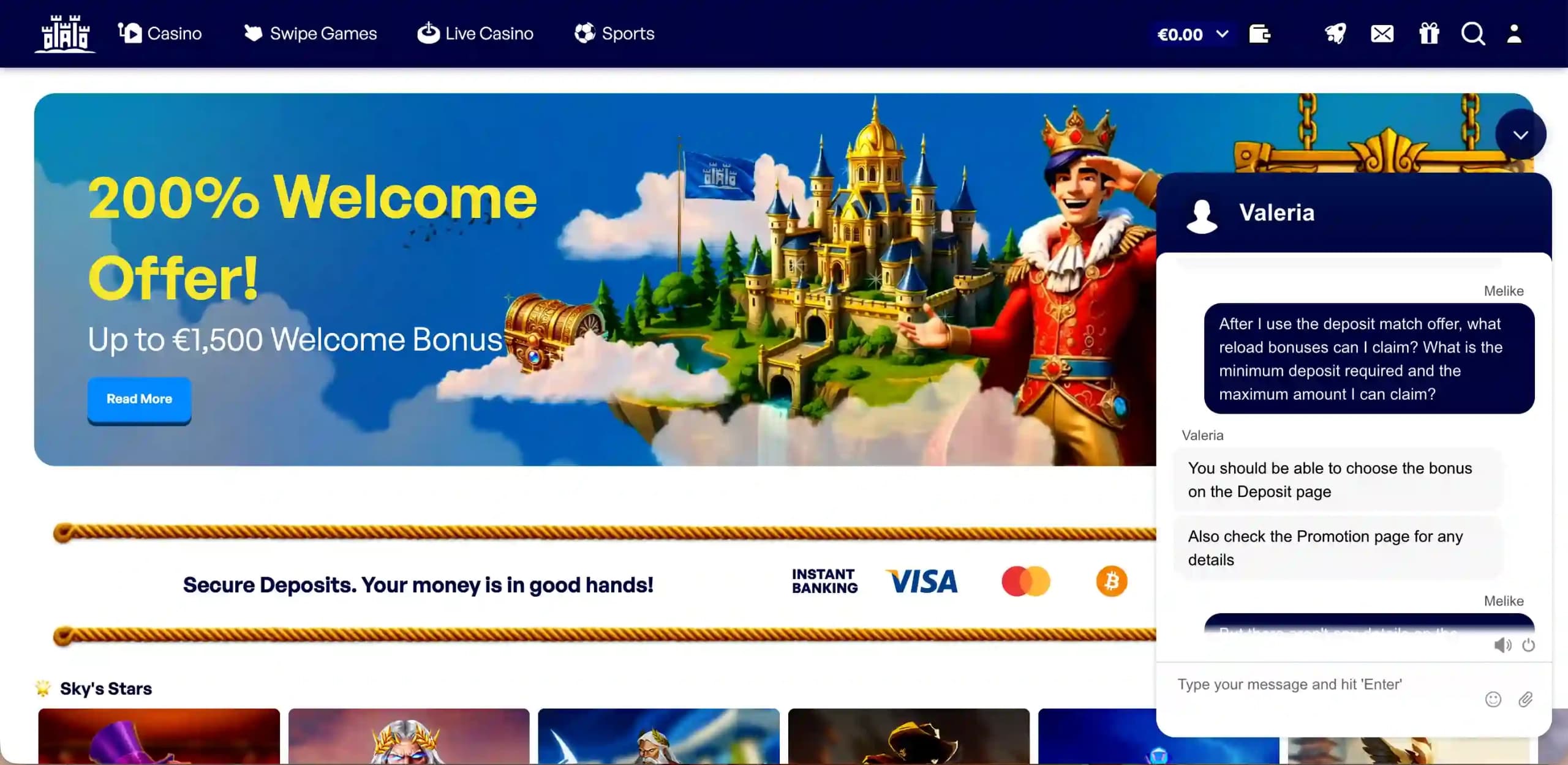 SkyHills Casino live chat window on desktop showing support agent Valeria responding to a player's question about reload bonus terms and conditions.